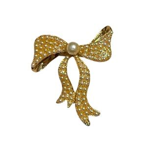 Bow Brooch with Pearl Accents in Gold Tone
